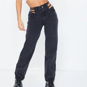WASHED BLACK STRAPPY CUT OUT HIP STRAIGHT LEG JEANS